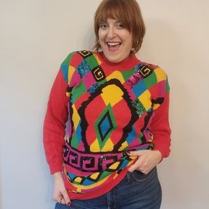 90s Red + Rainbow Funky Sweater with Sequin Detail
